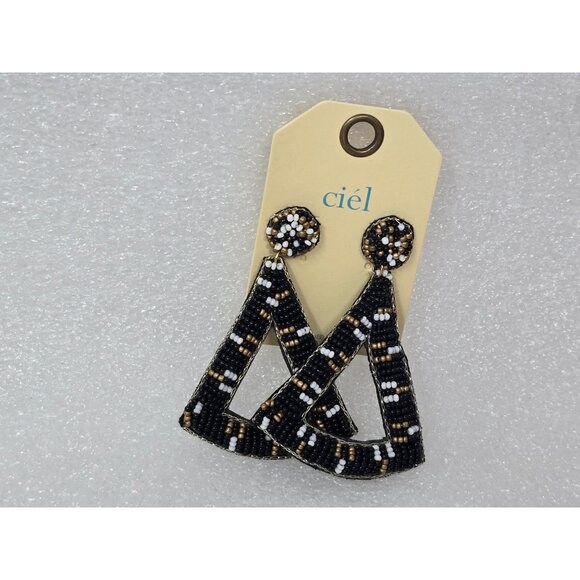 Beaded Triangle Drop Earrings By Ciel With Black White & Gold Accents - Picture 1 of 2